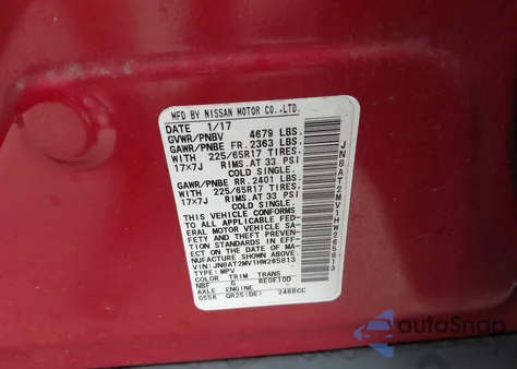 2017 Nissan Rogue Sv z USA, uszkodzony, nr VIN JN8AT2MV1HW265813